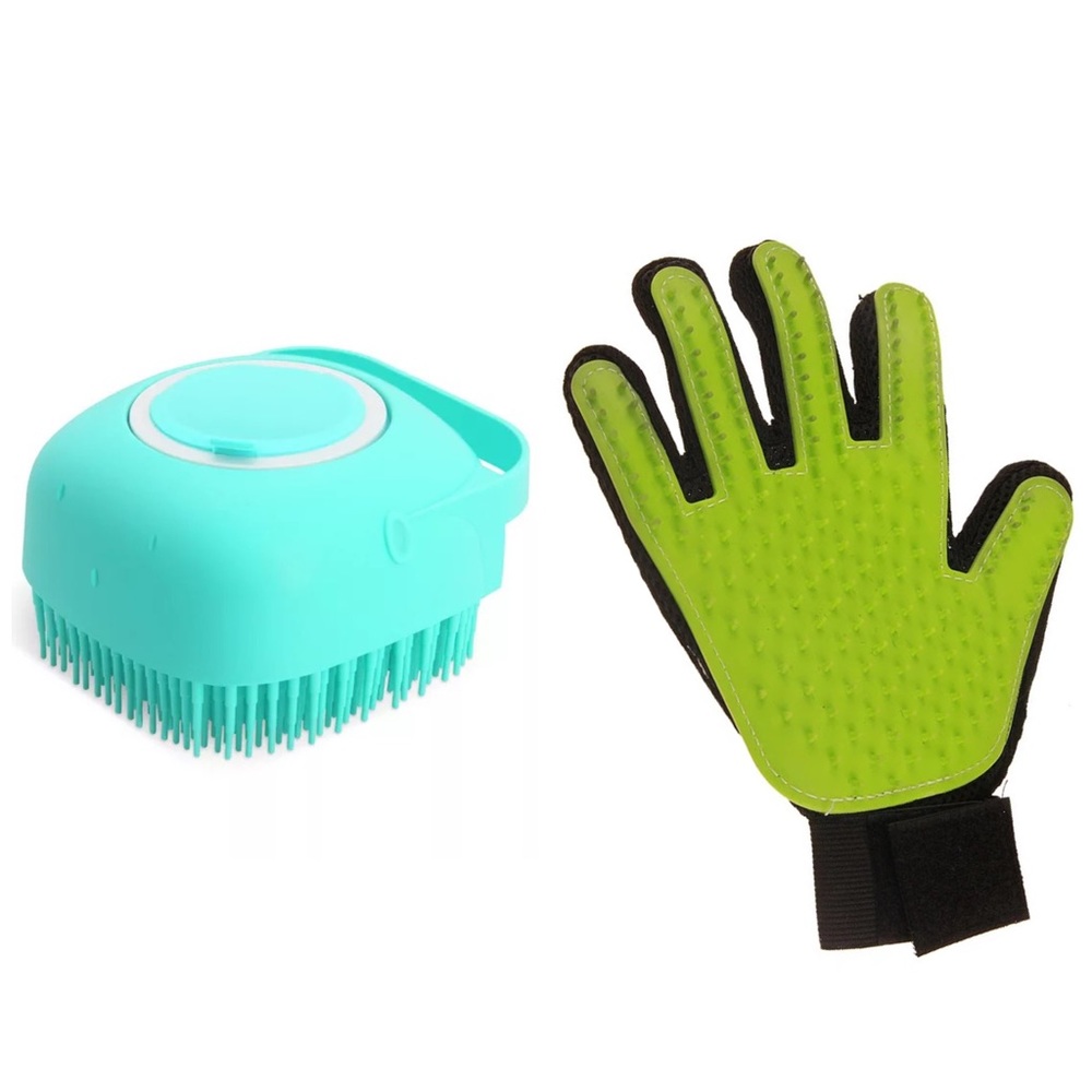 Pet grooming package, shower brush, hair remover glove